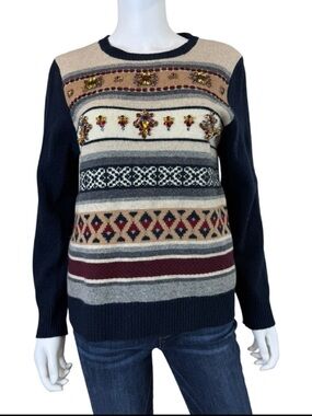J. Crew Navy Jeweled Fair Isle Wool Sweater Size L E0778